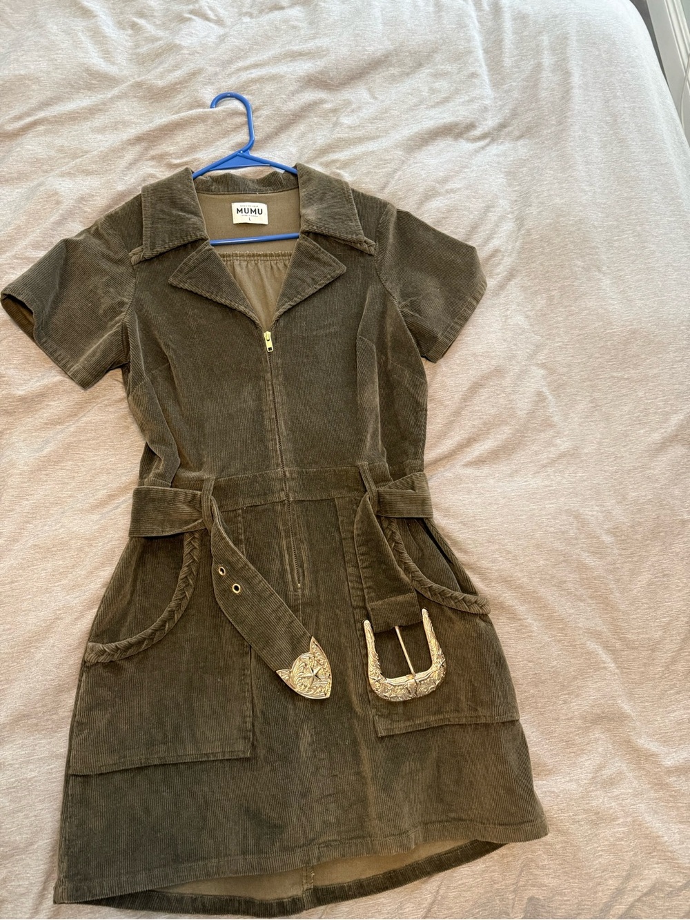 Show Me Your MuMu Olive Green Corduroy Zip Front Mini Dress